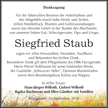 Traueranzeige von Siegfried Staub von Mitteldeutsche Zeitung Quedlinburg