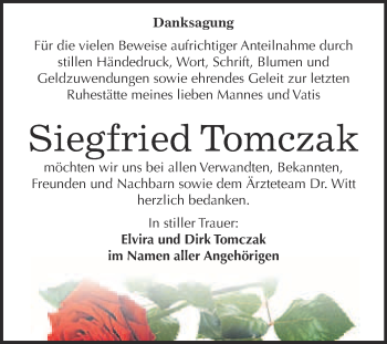 Traueranzeige von Siegfried Tomczak von WVG - Wochenspiegel Bitterfeld