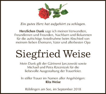 Traueranzeige von Siegfried Weise von Wochenspiegel Mansfelder Land