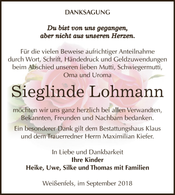 Traueranzeige von Sieglinde Lohmann von WVG - Wochenspiegel NMB / WSF / ZTZ