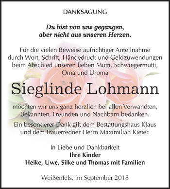 Traueranzeige von Sieglinde Lohmann von Mitteldeutsche Zeitung Weißenfels