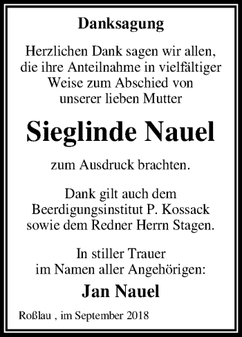 Traueranzeige von Sieglinde Nauel von Mitteldeutsche Zeitung Dessau-Roßlau