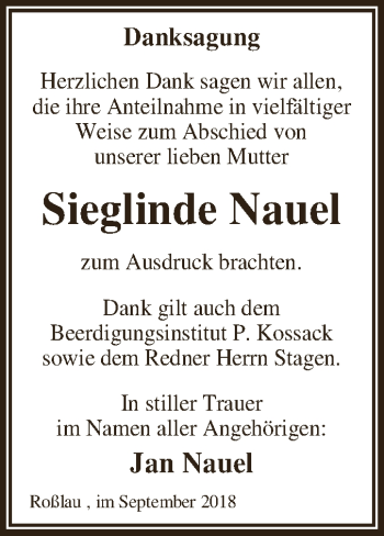 Traueranzeige von Sieglinde Nauel von WVG - Wochenspiegel Dessau / Köthen