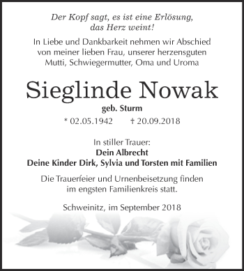 Traueranzeige von Sieglinde Nowak von WVG - Wochenspiegel Wittenberg