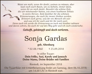 Traueranzeige von Sonja Gardas von Super Sonntag SGH Mansf. Land