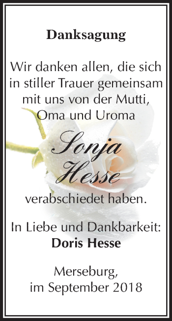 Traueranzeige von Sonja Hesse von Mitteldeutsche Zeitung Merseburg/Querfurt