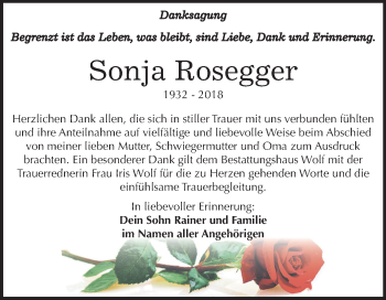 Traueranzeige von Sonja Rosegger von Mitteldeutsche Zeitung Weißenfels
