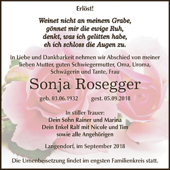 Traueranzeige von Sonja Rosegger von WVG - Wochenspiegel NMB / WSF / ZTZ