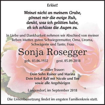 Traueranzeige von Sonja Rosegger von Mitteldeutsche Zeitung Weißenfels