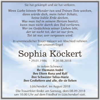 Traueranzeige von Sophia Köckert von Super Sonntag SGH Mansf. Land