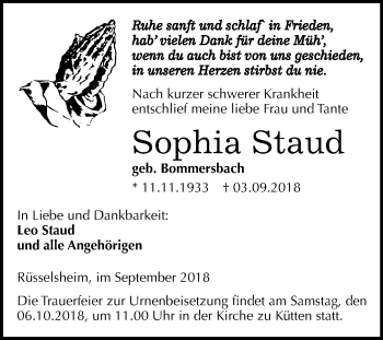 Traueranzeige von Sophia Staud von Mitteldeutsche Zeitung Halle/Saalkreis