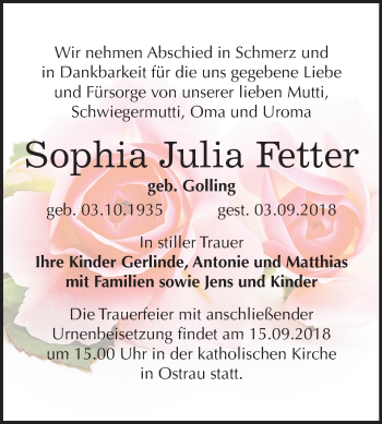 Traueranzeige von Sophia Julia Fetter von Mitteldeutsche Zeitung Halle/Saalkreis