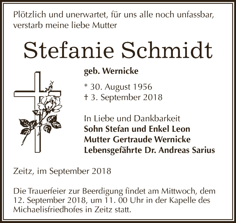  Traueranzeige für Stefanie Schmidt vom 08.09.2018 aus Super Sonntag Zeitz