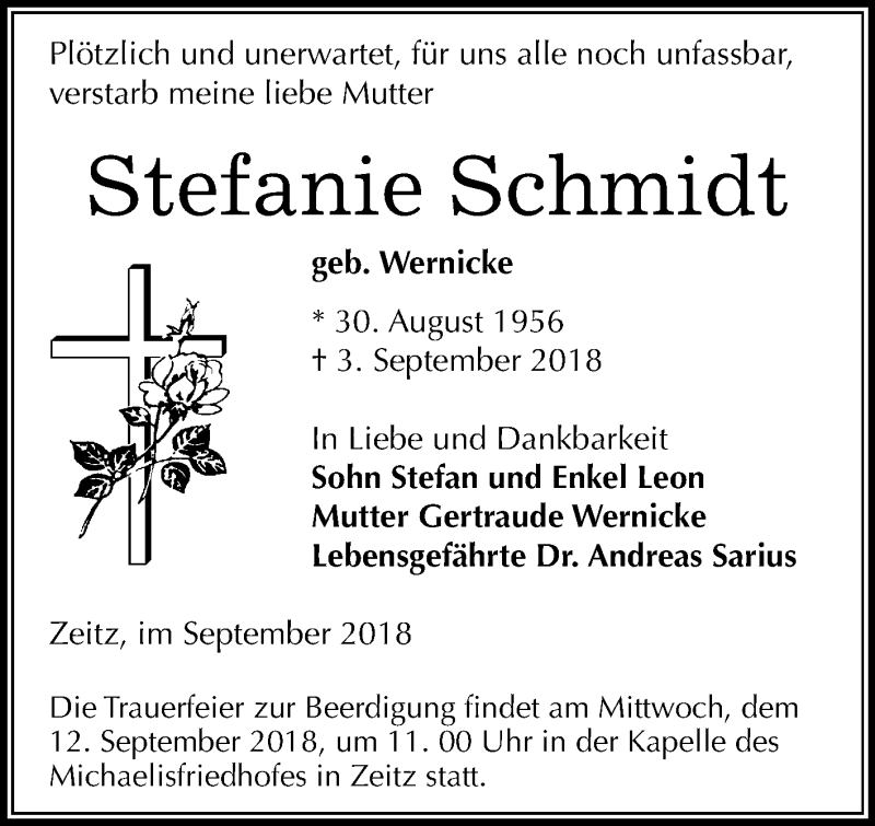  Traueranzeige für Stefanie Schmidt vom 08.09.2018 aus Mitteldeutsche Zeitung