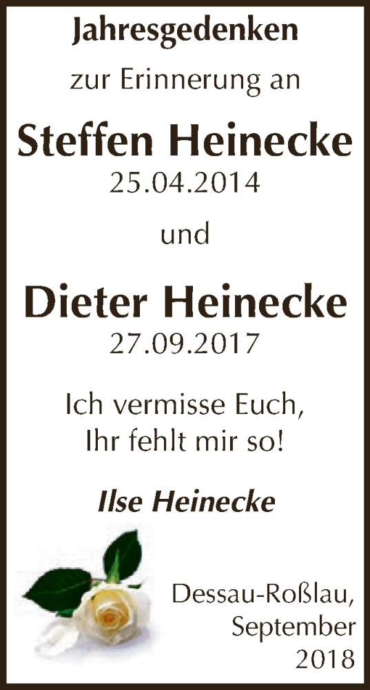  Traueranzeige für Dieter und Steffen Heinecke vom 26.09.2018 aus WVG - Wochenspiegel Dessau / Köthen