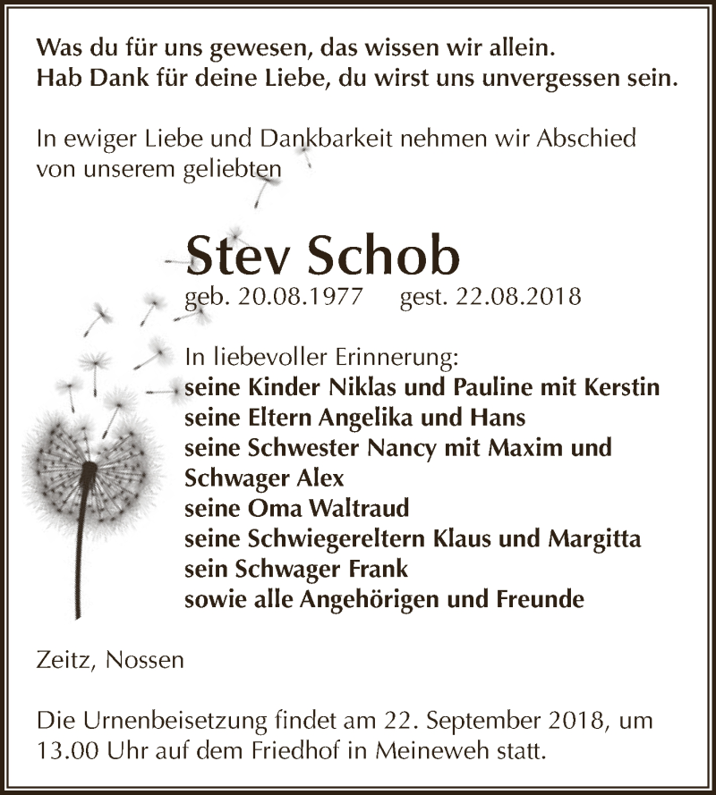  Traueranzeige für Stev Schob vom 15.09.2018 aus Super Sonntag Zeitz