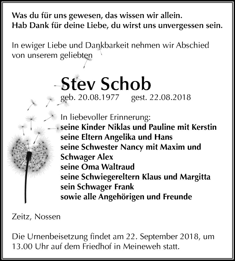  Traueranzeige für Stev Schob vom 15.09.2018 aus Mitteldeutsche Zeitung Zeitz