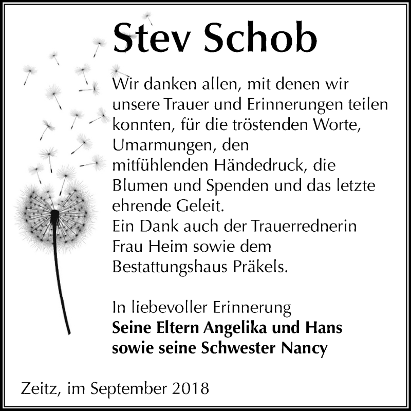  Traueranzeige für Stev Schob vom 29.09.2018 aus Mitteldeutsche Zeitung Zeitz