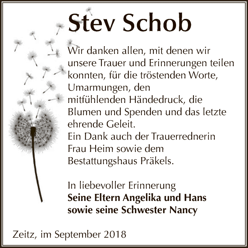  Traueranzeige für Stev Schob vom 29.09.2018 aus Super Sonntag Zeitz