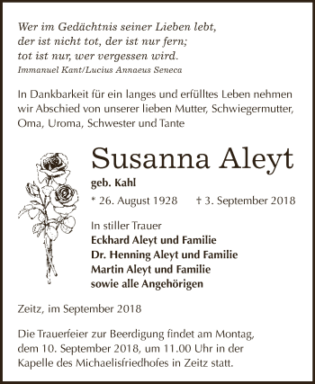 Traueranzeige von Susanna Aleyt von Super Sonntag Zeitz