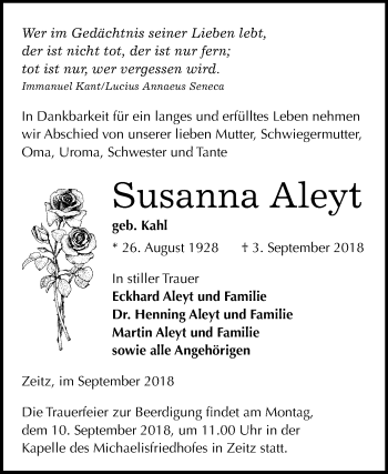 Traueranzeige von Susanna Aleyt von Mitteldeutsche Zeitung Zeitz