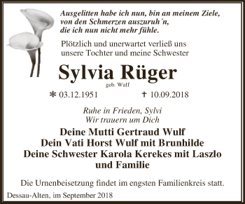 Traueranzeige von Sylvia Rüger von WVG - Wochenspiegel Dessau / Köthen