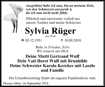 Traueranzeige von Sylvia Rüger von Mitteldeutsche Zeitung Dessau-Roßlau
