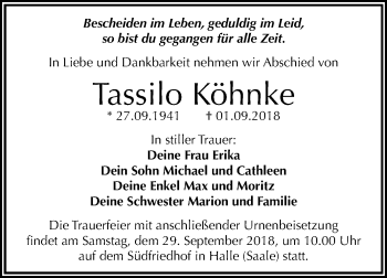 Traueranzeige von Tassilo Köhnke von Mitteldeutsche Zeitung Halle/Saalkreis