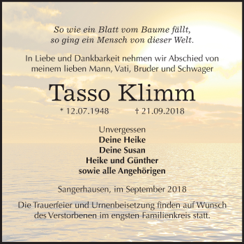 Traueranzeige von Tasso Klimm von Mitteldeutsche Zeitung Sangerhausen
