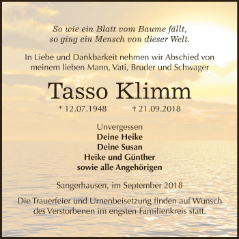 Traueranzeige von Tasso Klimm von Super Sonntag SGH Mansf. Land