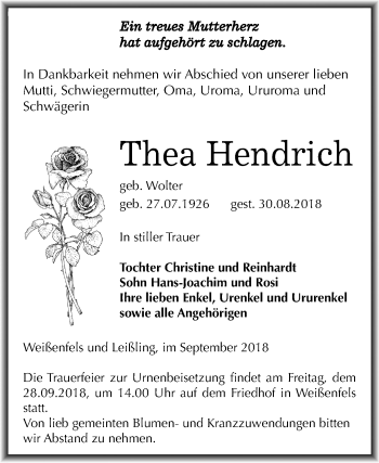Traueranzeige von Thea Hendrich von Mitteldeutsche Zeitung Weißenfels