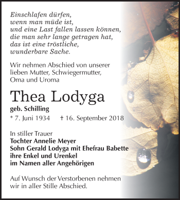 Traueranzeige von Thea Lodyga von Mitteldeutsche Zeitung Weißenfels
