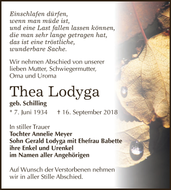 Traueranzeige von Thea Lodyga von WVG - Wochenspiegel NMB / WSF / ZTZ