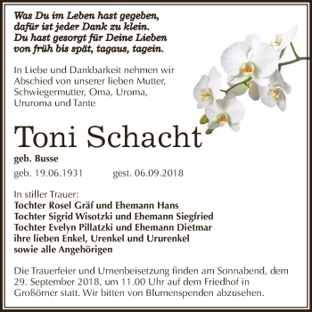 Traueranzeige von Toni Schacht von Super Sonntag SGH Mansf. Land