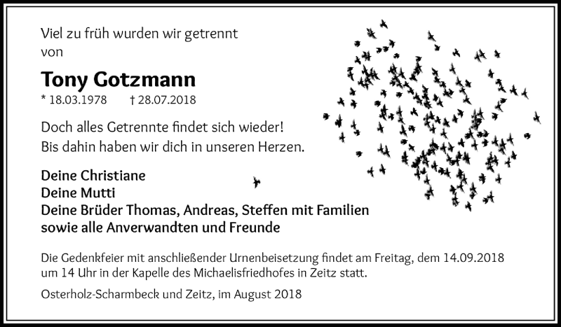  Traueranzeige für Tony Gotzmann vom 01.09.2018 aus Mitteldeutsche Zeitung Zeitz