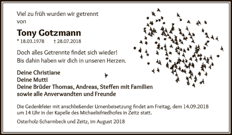  Traueranzeige für Tony Gotzmann vom 01.09.2018 aus Super Sonntag Zeitz