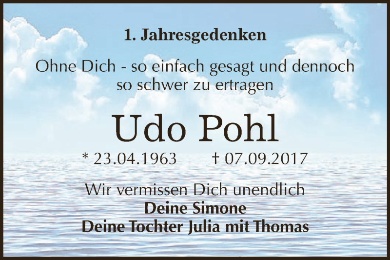  Traueranzeige für Udo Pohl vom 08.09.2018 aus WVG - Wochenspiegel Dessau / Köthen