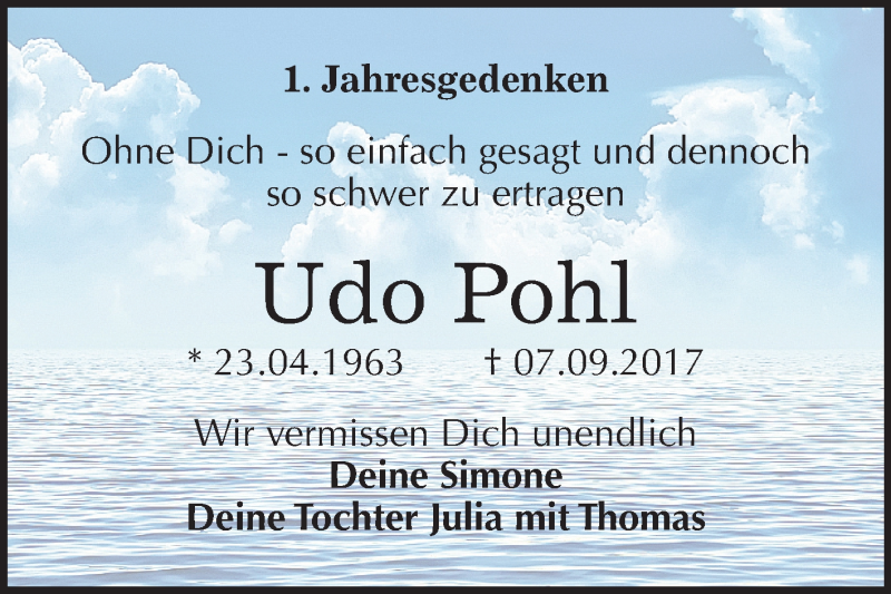  Traueranzeige für Udo Pohl vom 08.09.2018 aus Mitteldeutsche Zeitung Köthen