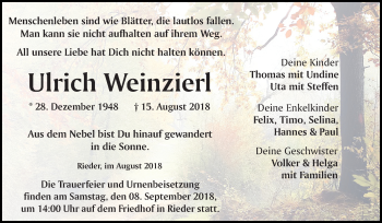 Traueranzeige von Ulrich Weinzierl von Mitteldeutsche Zeitung Quedlinburg