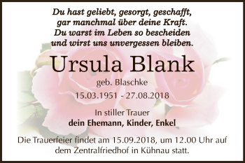 Traueranzeige von Ursula Blank von WVG - Wochenspiegel Dessau / Köthen
