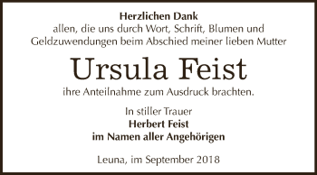 Traueranzeige von Ursula Feist von WVG - Wochenspiegel NMB / WSF / ZTZ