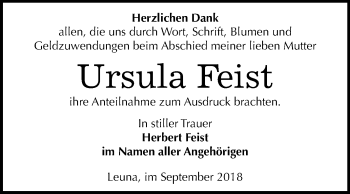Traueranzeige von Ursula Feist von Mitteldeutsche Zeitung Weißenfels