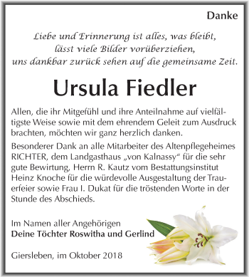 Traueranzeige von Ursula Fiedler von Mitteldeutsche Zeitung Aschersleben