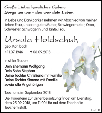 Traueranzeige von Ursula Holdschuh von Mitteldeutsche Zeitung Weißenfels