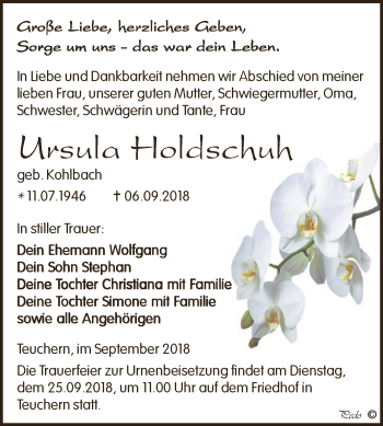 Traueranzeige von Ursula Holdschuh von WVG - Wochenspiegel NMB / WSF / ZTZ