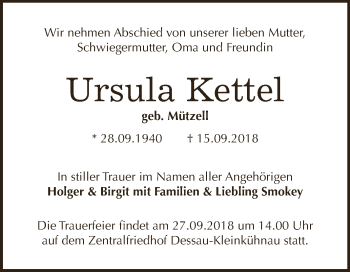 Traueranzeige von Ursula Kettel von WVG - Wochenspiegel Dessau / Köthen