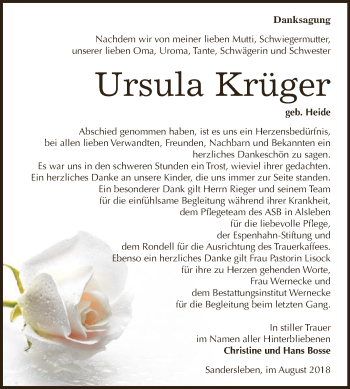 Traueranzeige von Ursula Krüger von Wochenspiegel Mansfelder Land