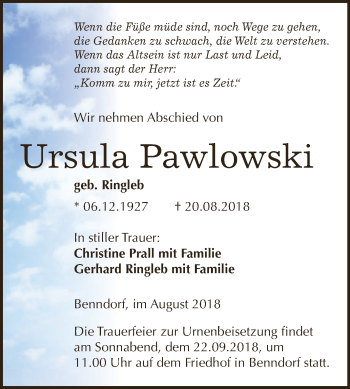 Traueranzeige von Ursula Pawlowski von Wochenspiegel Mansfelder Land