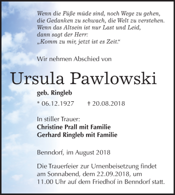 Traueranzeige von Ursula Pawlowski von Mitteldeutsche Zeitung