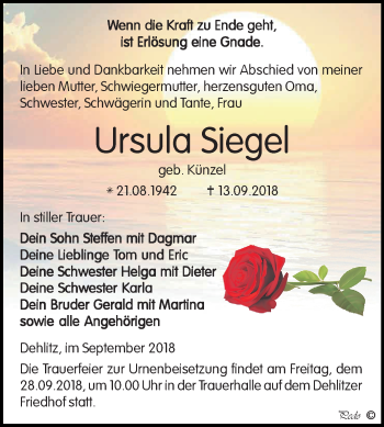 Traueranzeige von Ursula Siegel von Mitteldeutsche Zeitung Weißenfels